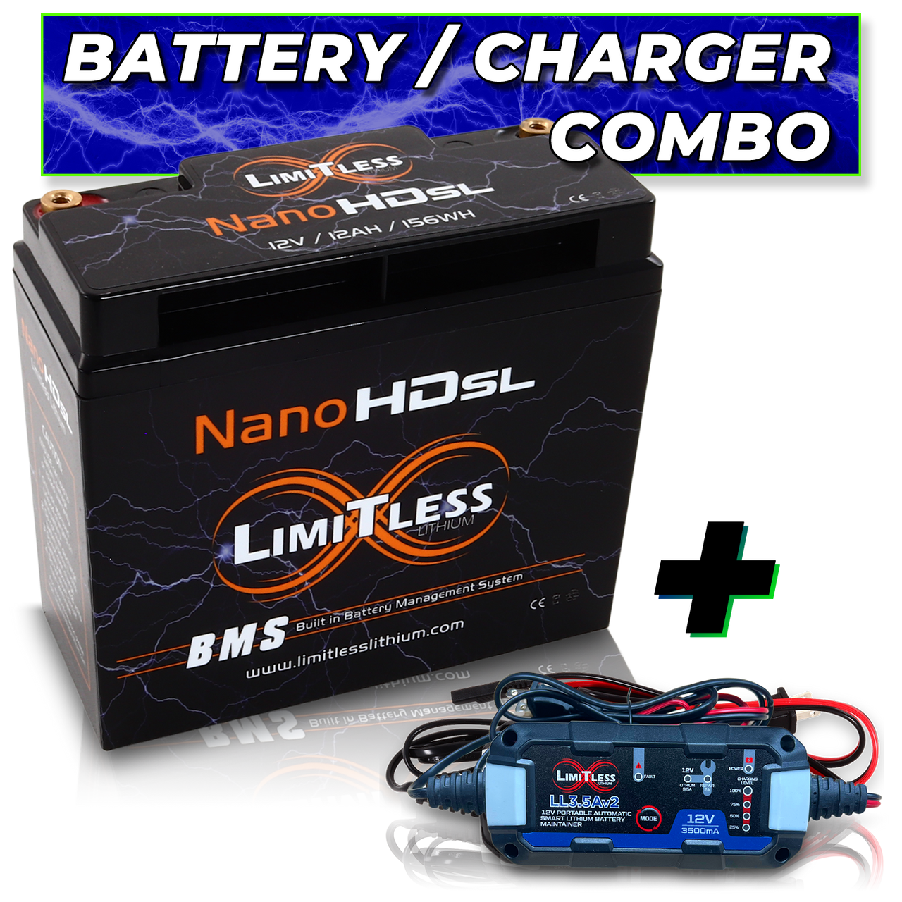 Limitless Lithium Nano -HD SL 12AH Motorcycle / Power sports Battery With 3.5A Battery Maintainer (BCI 20 Case)